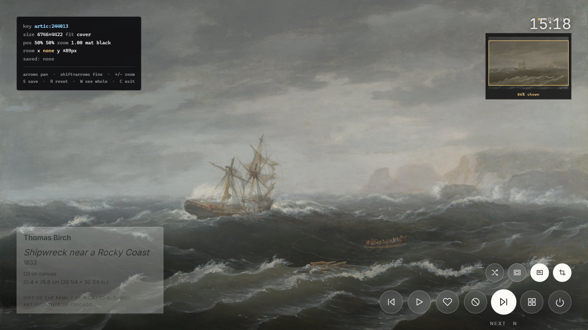 The same shipwreck painting with tools over it. A dark panel in the upper left lists the picture's key, its size of 6746 by 4422 pixels, position 50 percent 50 percent, zoom 1.00, mat black, and the keys: arrows pan, plus and minus zoom, S save, R reset, W see whole. A small map in the upper right shows the whole painting with a yellow rectangle around the visible part and the words 86 percent shown. Two rows of round buttons sit in the lower right, Next highlighted
