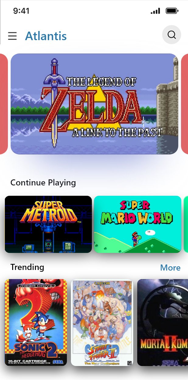 A phone mockup: a status bar at 9:41, a menu icon, Atlantis in blue and a search button. A carousel with A Link to the Past in the middle, then a row Continue Playing with Super Metroid and Super Mario World, and a row Trending with Sonic 2, Street Fighter II and Mortal Kombat II box art