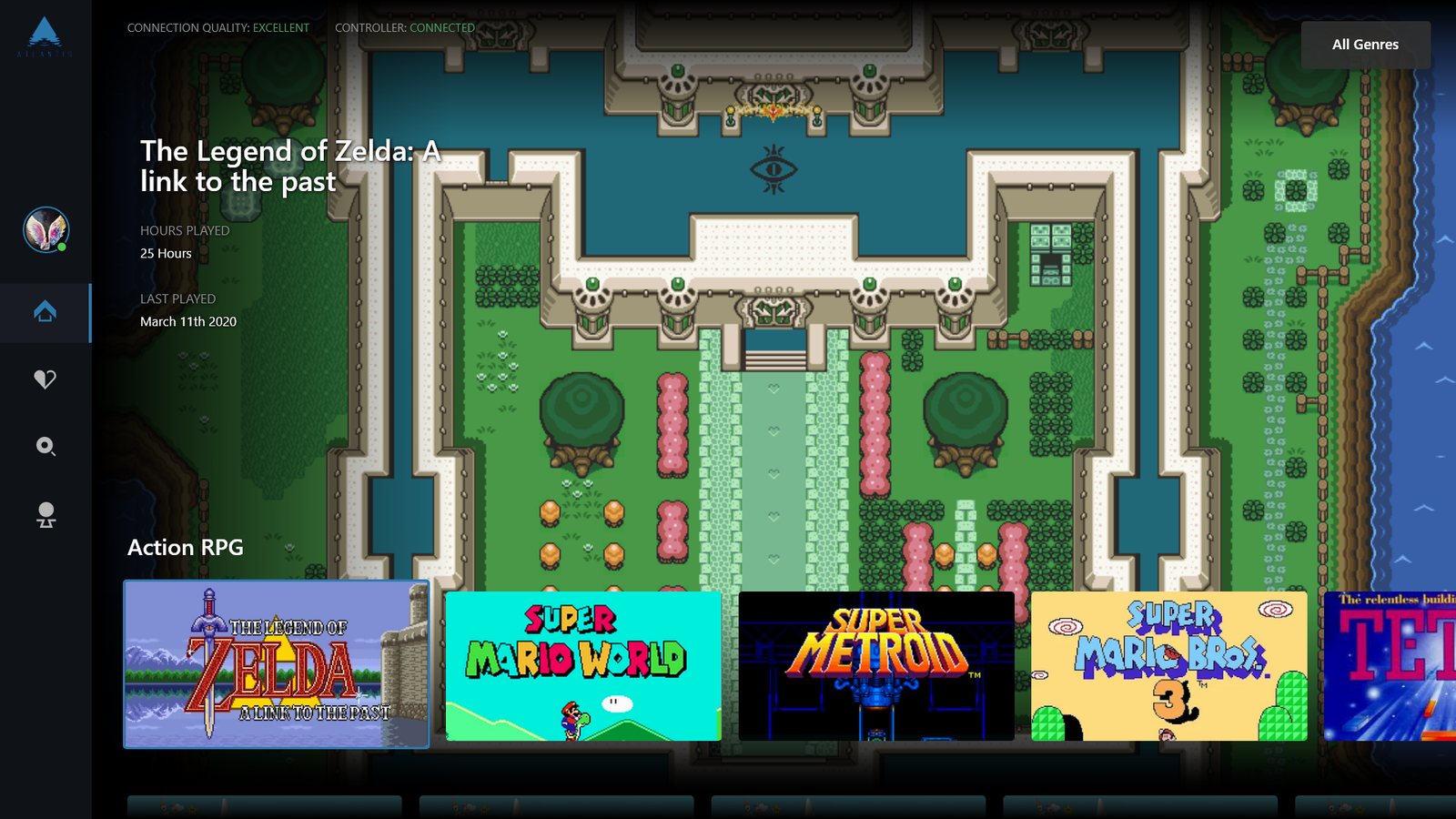 A TV interface mockup: a dark sidebar with the Atlantis logo, a user avatar and icons for home, favourites, search and profile. Across the top: CONNECTION QUALITY: EXCELLENT, CONTROLLER: CONNECTED. The background is the overhead map of Hyrule Castle from A Link to the Past, and over it the title, HOURS PLAYED 25 Hours, LAST PLAYED March 11th 2020. A row headed Action RPG shows the title cards of A Link to the Past, Super Mario World, Super Metroid, Super Mario Bros. 3 and Tetris