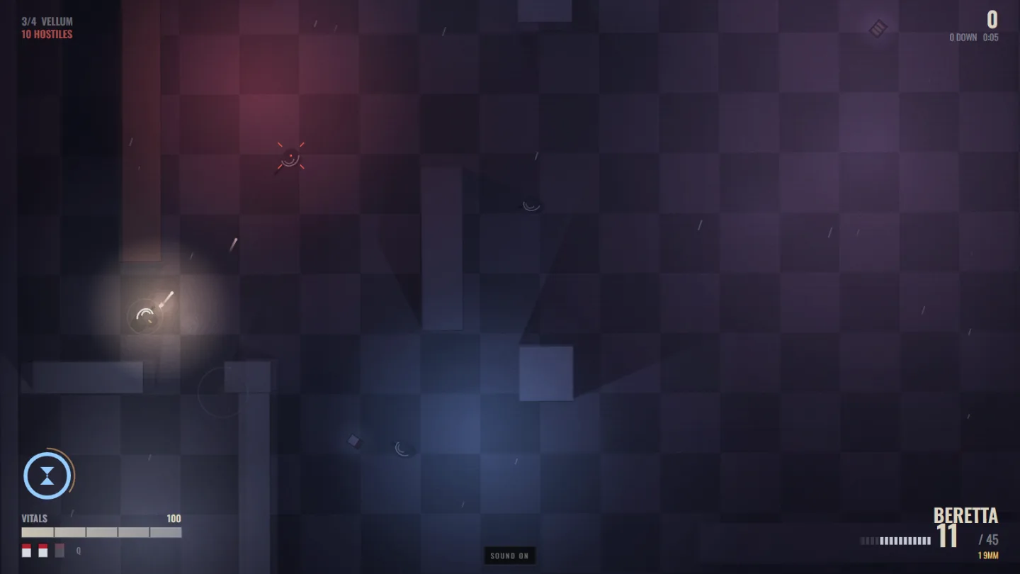 A dark top-down noir game screen: a chequered nightclub floor lit in red and blue pools, a player figure with a torch beam, falling rain streaks, a bullet-time hourglass meter bottom left, a vitals bar, and BERETTA 11/45 bottom right
