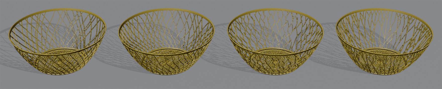 Four yellow lattice bowls of the same silhouette in a row, seen from slightly above: their walls differ — irregular wandering strands, smooth flowing curves, a branching vein-like net, and a mosaic of short straight struts