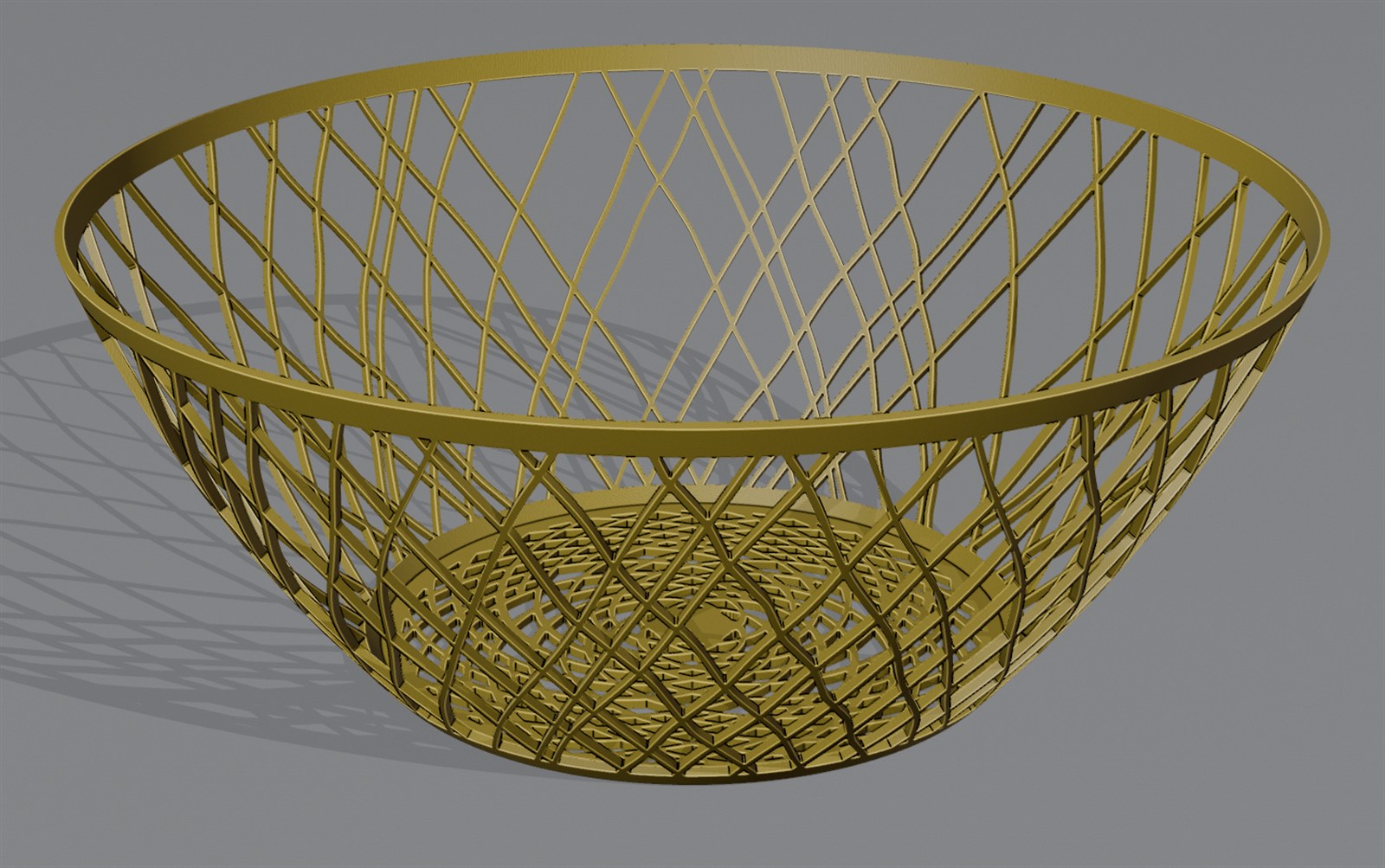 A rendered wire-lattice fruit bowl in yellow on a pale grey ground: a hemispherical basket whose wall is made of irregular wandering strands crossing each other, with a fine dense mesh across the floor and a solid rim band at the top
