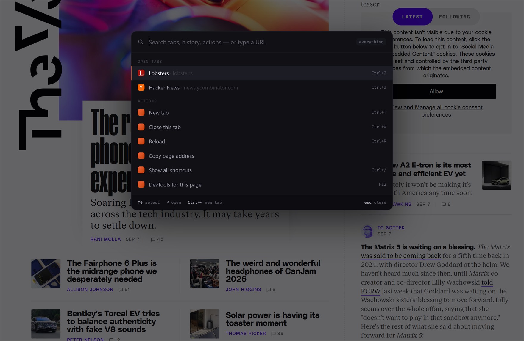 The same page dimmed behind a dark command palette panel. A search field reads Search tabs, history, actions — or type a URL. Below it a section OPEN TABS lists Lobsters and Hacker News with Ctrl+2 and Ctrl+3, then a section ACTIONS lists New tab, Close this tab, Reload, Copy page address, Show all shortcuts and DevTools for this page