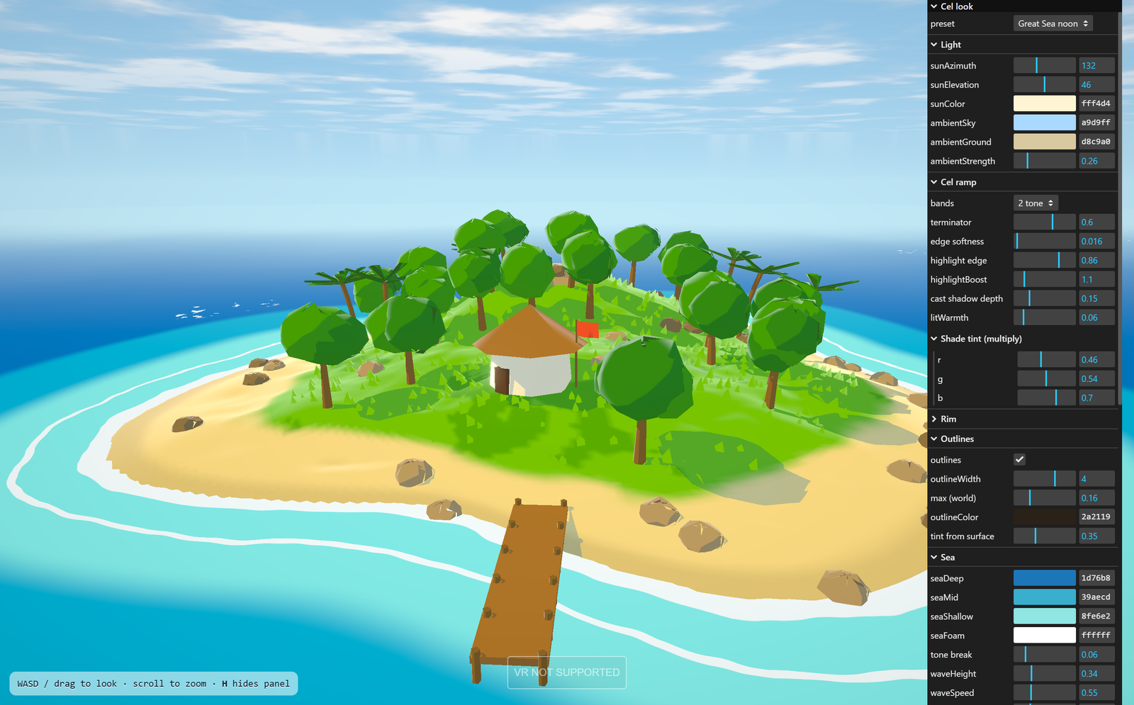 The same island with the control panel visible on the right: sliders for sun azimuth and elevation, ambient strength, cel ramp bands and terminator, a three-channel shade tint multiply, outline width and colour, and the four sea colours