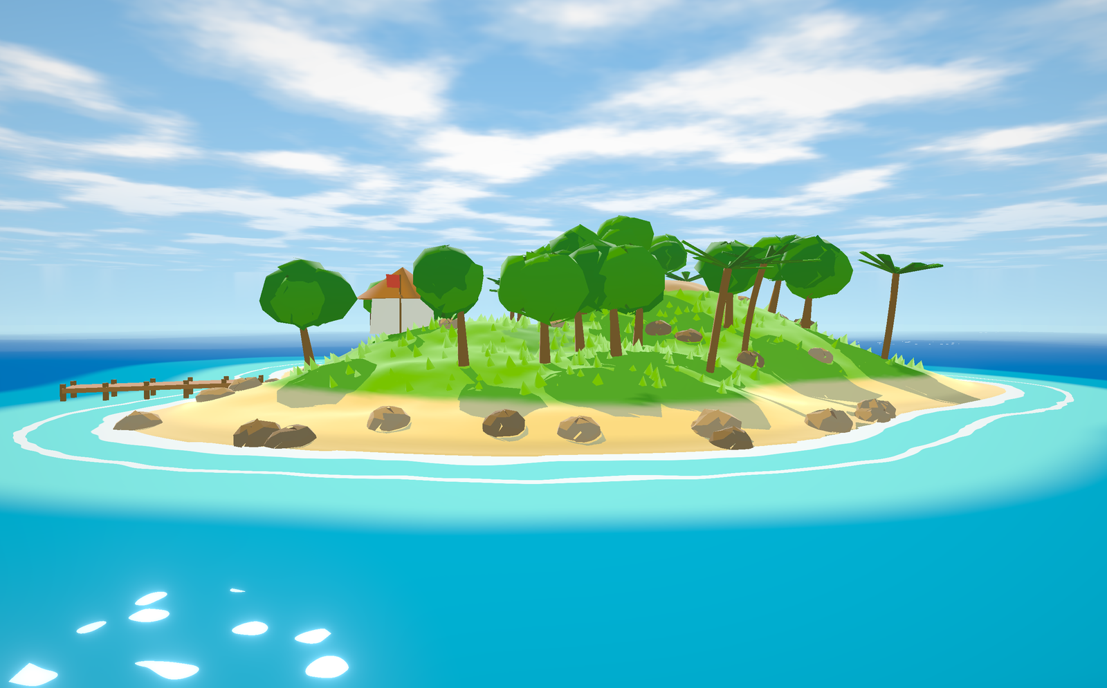 A cartoon island seen from just above the water: banded turquoise sea with a white foam ring, a yellow beach with rocks, a green hill of low-poly trees, a hut with a red flag, a wooden dock, and a pale gouache-clouded sky