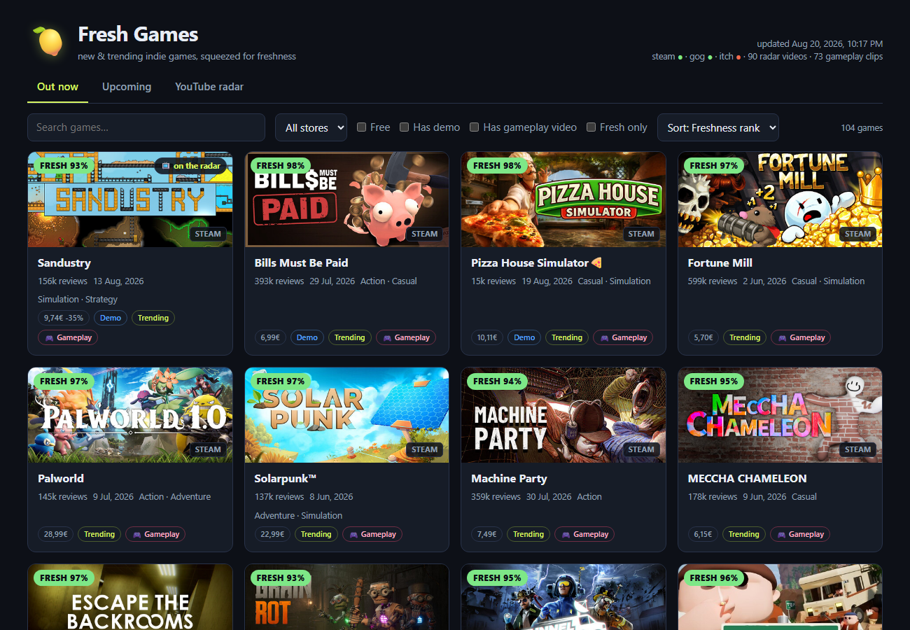 The Fresh Games page: a dark grid of game cards, each with a freshness percentage, review count, release date and tags