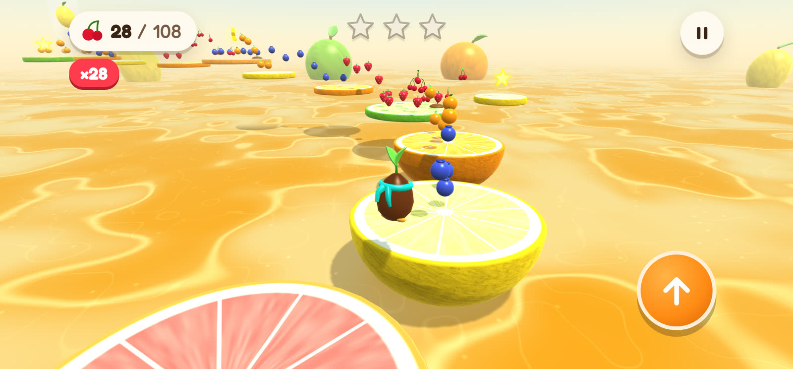 A phone screen in landscape. A small brown seed with a green sprout and a turquoise scarf stands on half a lemon floating in an orange sea of juice. A trail of blueberries, oranges, strawberries and cherries leads over an orange half and a lime slice into the distance, where a whole lime and a whole orange sit in the haze. The counter reads 28 of 108 fruit, a red badge reads times 28, three empty stars, a pause button, and one big orange jump button under the right thumb