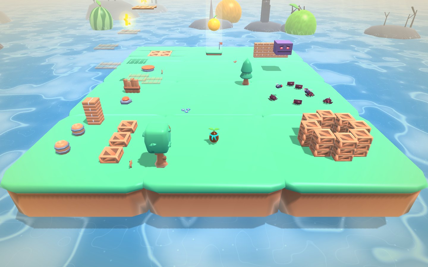 A flat square grass island floating on blue water, seen from above. Pip stands in the middle. Around Pip: stacks of wooden crates, a brick tower, burger-shaped springs, a cartoon tree, a ring of small dark beetles, and an angry purple stone block with red eyes behind a brick wall. Watermelons and limes sit on rocks in the sea behind