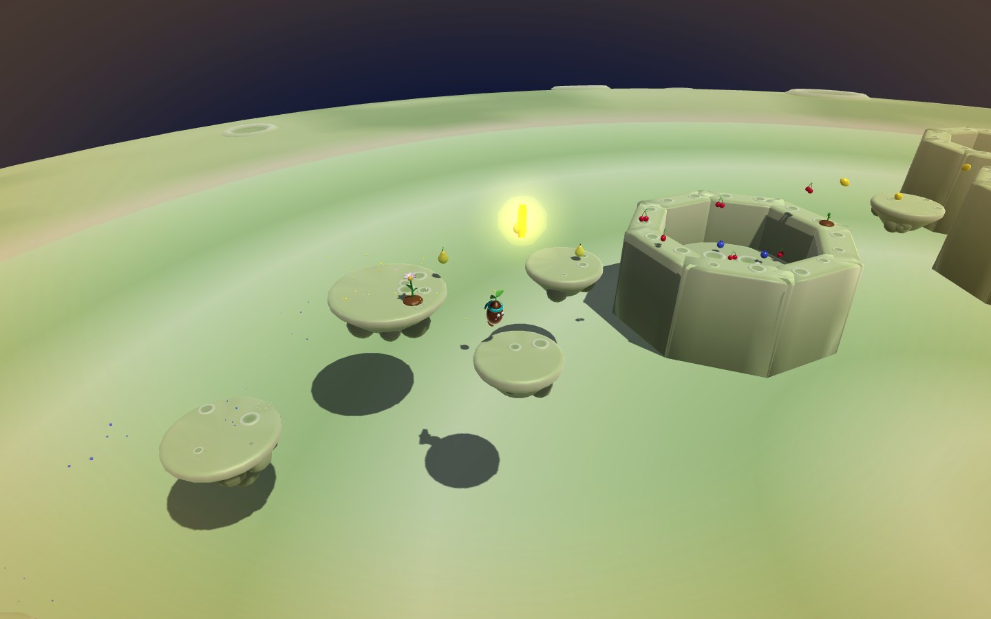 Pale green platforms with craters, floating over the curved surface of a honeydew-melon moon against a dark night sky. Pip floats in mid-jump between them, casting a long shadow. A glowing star fruit hangs in the air, and a ring-shaped crater wall holds cherries and blueberries