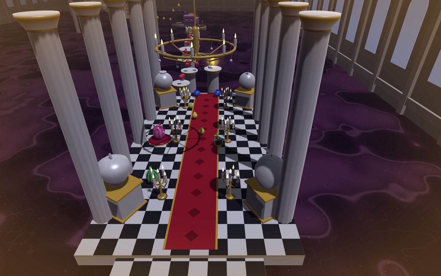 Seen from above and behind: Pip, a small brown seed with a green sprout and a turquoise scarf, on a red carpet running down a black-and-white checkerboard floor between two rows of white marble columns with gold capitals. Silver fruit sculptures stand on gold plinths, candelabras line the carpet, a lit chandelier hangs over pillars topped with cherries, and purple juice swirls around the hall