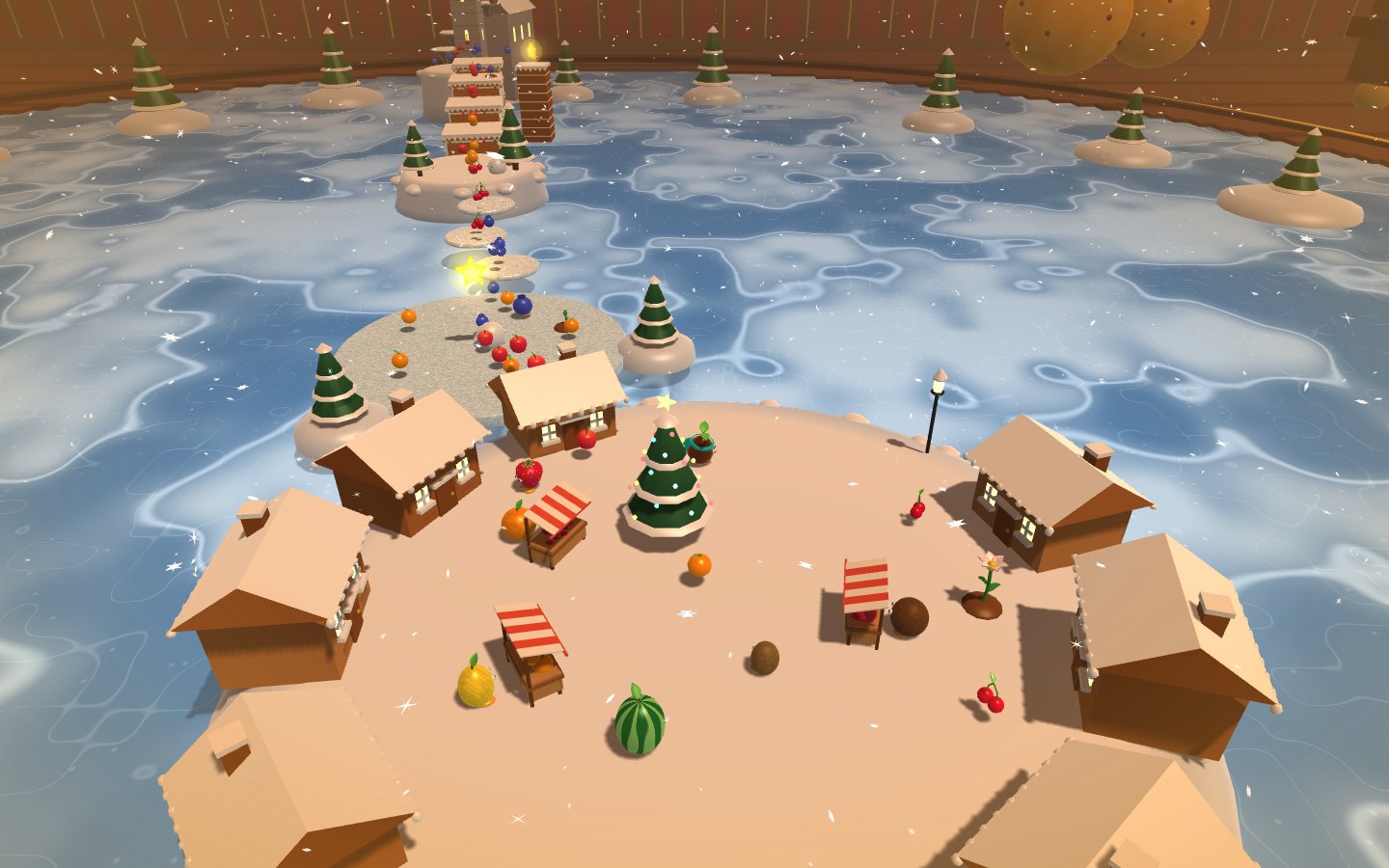 A winter village on a round island of snow-covered biscuit: gingerbread houses with frosted roofs, market stalls with striped awnings, a decorated fir tree, and fruit villagers standing about. Snowflakes fall. Stepping stones lead over a frozen blue lake to a tiered cake tower, and the whole scene sits inside a round wooden wall