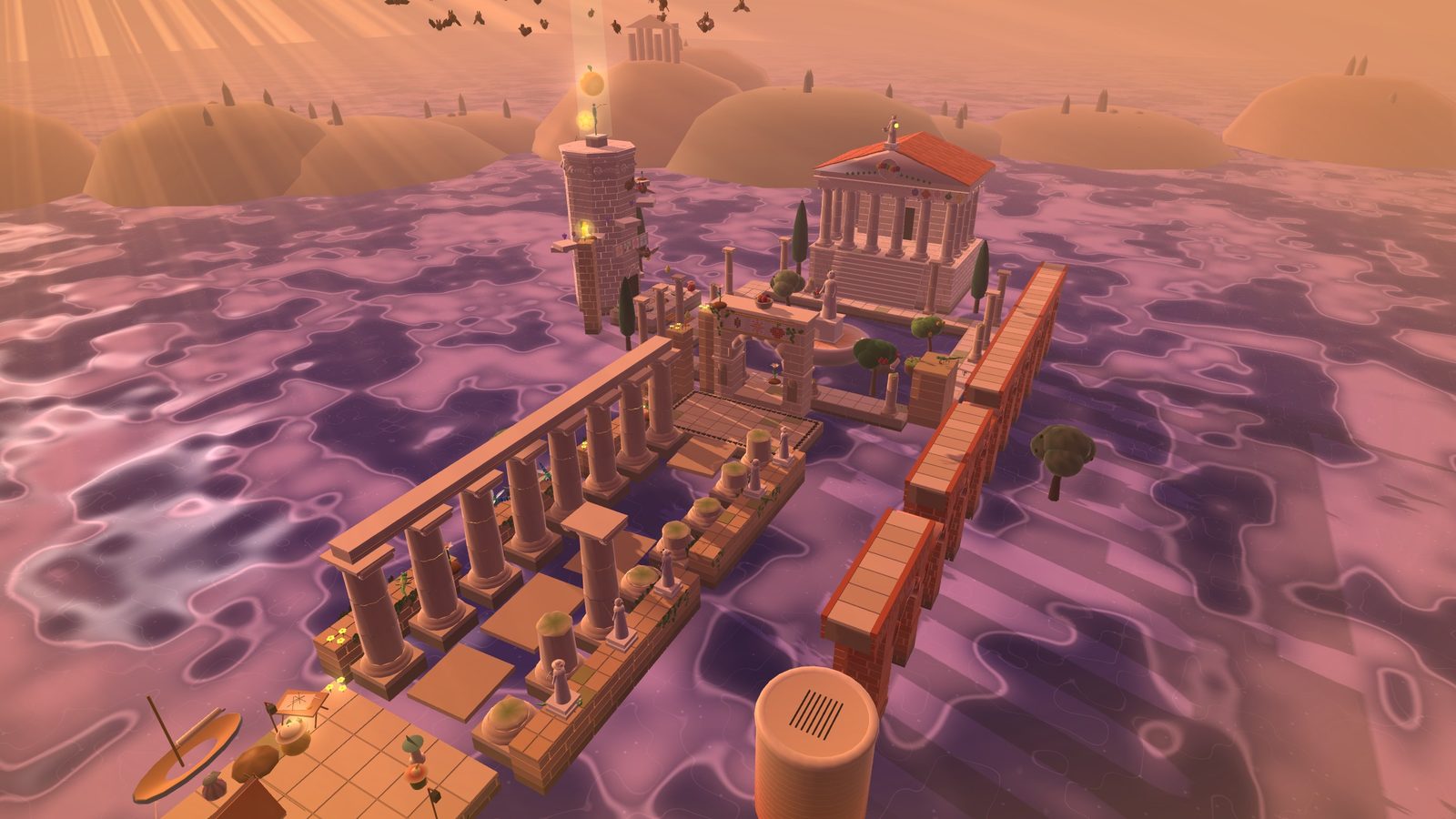 The same orchard from high above at sunset, everything in warm orange light: a colonnade walk across the purple juice, a round brick tower with a glowing light on top, a temple with a red roof and columns, and the aqueduct along the right. Bats fly out over the hills