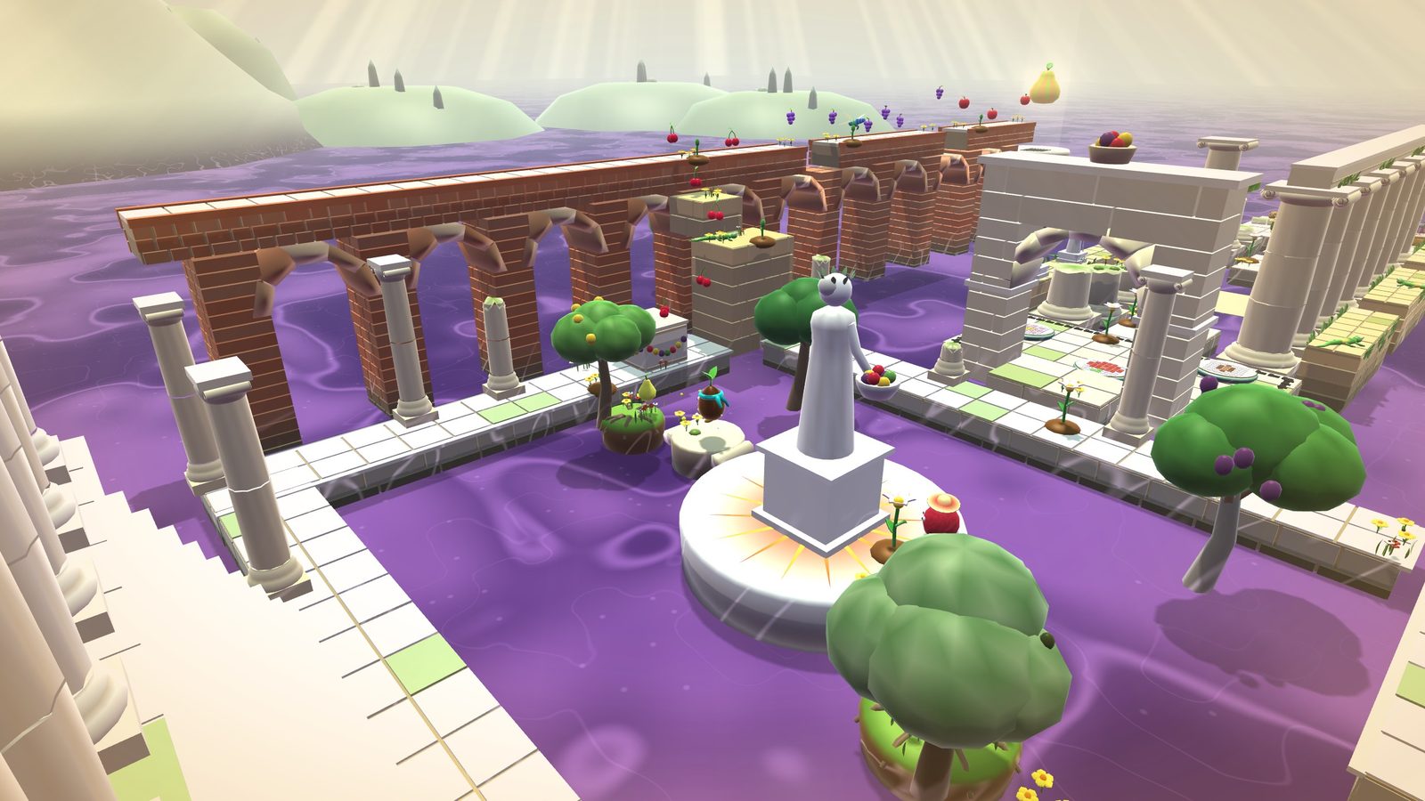Pomona's Gate by day: a pale stone statue of a robed woman holding a bowl of fruit stands on a round plinth in purple juice, surrounded by white marble walkways with green tiles, broken columns and fruit trees. A red brick aqueduct with arches runs behind, cherries and grapes along its top, and a gateway of white stone opens on the right. Hazy green hills in the distance