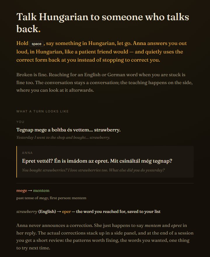 A dark page headed Talk Hungarian to someone who talks back. An example turn: the learner says Tegnap mege a boltba és vettem... strawberry, meaning yesterday I went to the shop and bought strawberry. Anna replies Epret vettél? Én is imádom az epret. Mit csináltál még tegnap, meaning you bought strawberries, I love strawberries too, what else did you do yesterday. Below, two notes: mege corrected to mentem, past tense of megy, first person; and strawberry in English mapped to eper, the word you reached for, saved to your list
