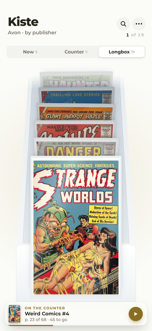 The Longbox tab, 1 of 19, sorted by publisher. Strange Worlds number 5 from Avon at the front, a green alien grabbing a woman in a yellow dress. Behind it the logo bands of Danger and Adventure, Nature Boy, Giant Jackpot, Sweethearts and This Magazine Is Haunted. At the bottom a bar reads On the counter, Weird Comics number 4, page 23 of 68
