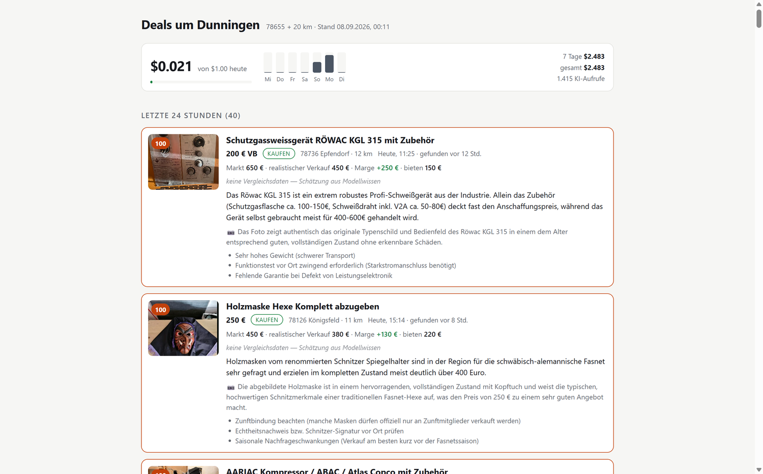 A page headed 'Deals um Dunningen', a spend meter reading $0.021 of $1.00 today, and listing cards each showing a score, price, market value, realistic sale price, margin, a suggested bid, and bullet-pointed risks