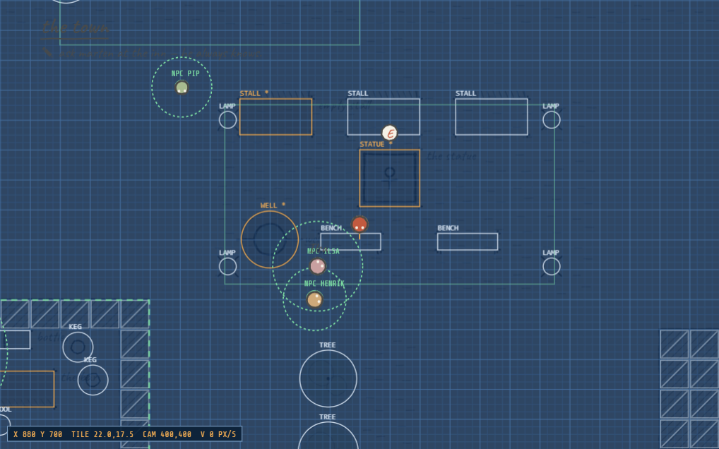 The same plaza rendered as a blue engineering blueprint, with objects labelled STALL, STATUE, WELL, BENCH, LAMP, NPC ranges as dashed green circles, and a coordinate readout at the bottom