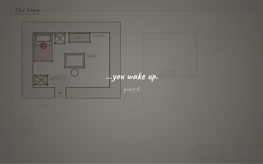 Waking up inside a small pencil-drawn house: bed, table, hearth and chest are sharp, while the town outside the walls is faded almost to nothing. Handwritten text reads 'you wake up'