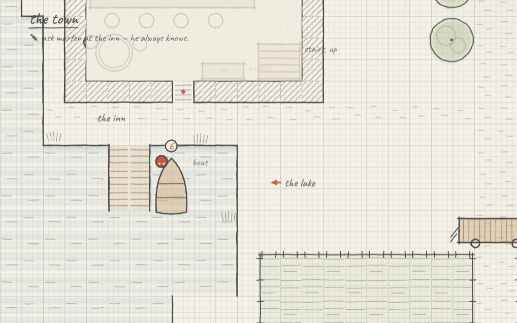 A top-down town drawn in pencil on graph paper: an inn, a jetty, a boat on the lake, with a handwritten margin note reading 'ask morten at the inn — he always knows'