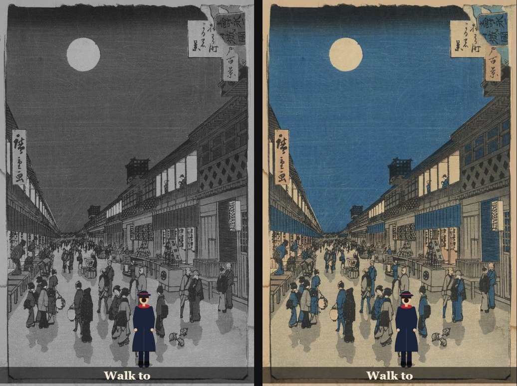 Two views of Hiroshige's Night View of Saruwaka-machi side by side, Agent Seven in the crowd in both. On the left everything is grey, even the moon. On the right the sky is deep blue, the banners blue and the paper warm again