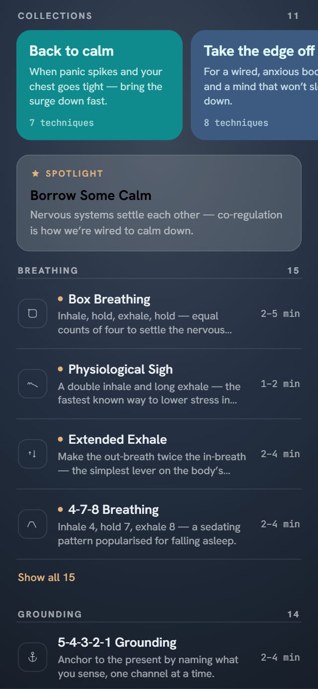 Scrolled down: a row of coloured collection cards, Back to calm in teal and Take the edge off in blue, a Spotlight card for Gratitude Letter, then the Breathing list with line icons: Box Breathing, Physiological Sigh, Extended Exhale, 4-7-8 Breathing, each with a one-line description and a duration