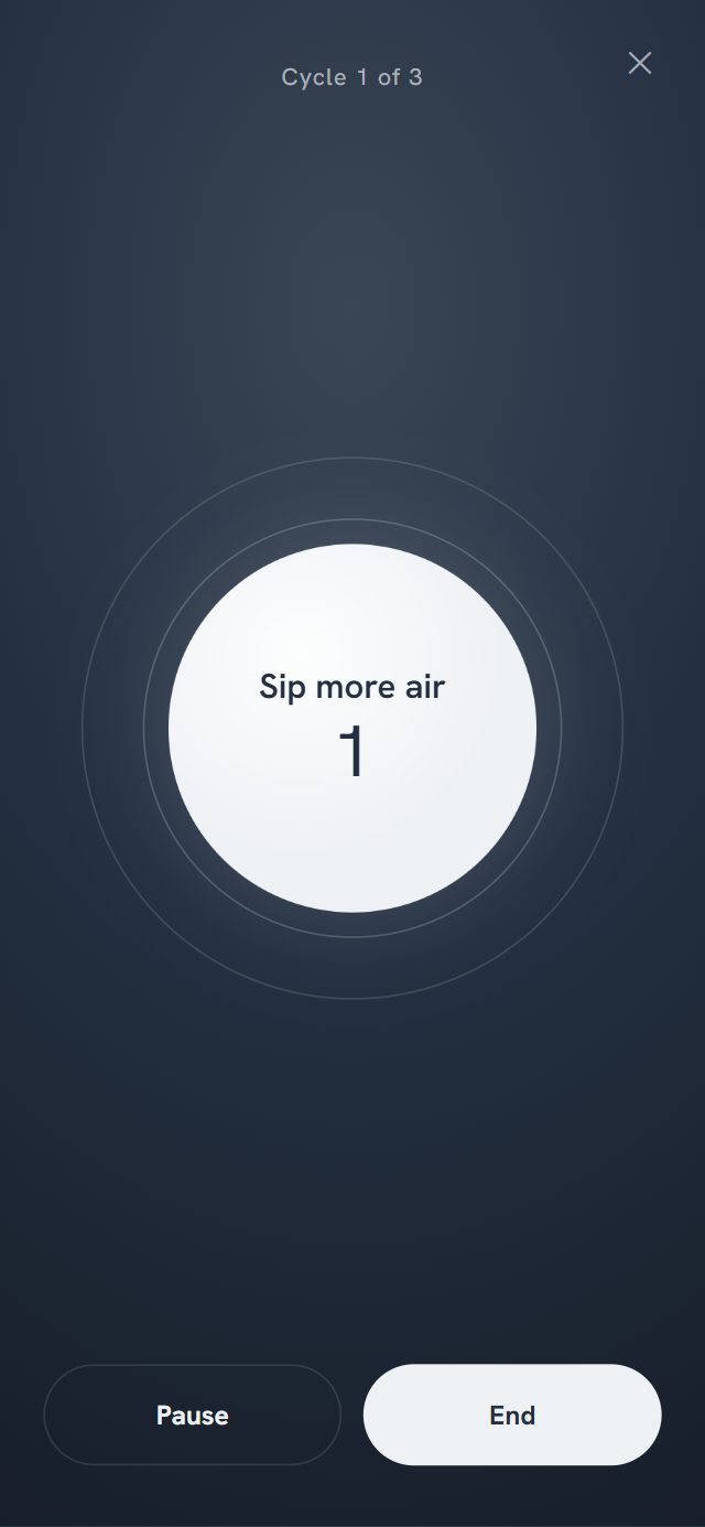 A guided session of the physiological sigh. Cycle 1 of 3. A large white orb inside two thin rings, with the words Sip more air and a count of 1. Pause and End buttons at the bottom
