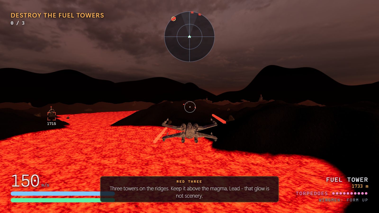 An X-wing flying over a river of glowing orange lava between black volcanic ridges under a dark brown sky, a laser bolt leaving the right wing. The HUD reads DESTROY THE FUEL TOWERS 0 / 3, a fuel tower marker 1715 m away on the left, and Red Three on the radio: Three towers on the ridges. Keep it above the magma, Lead - that glow is not scenery