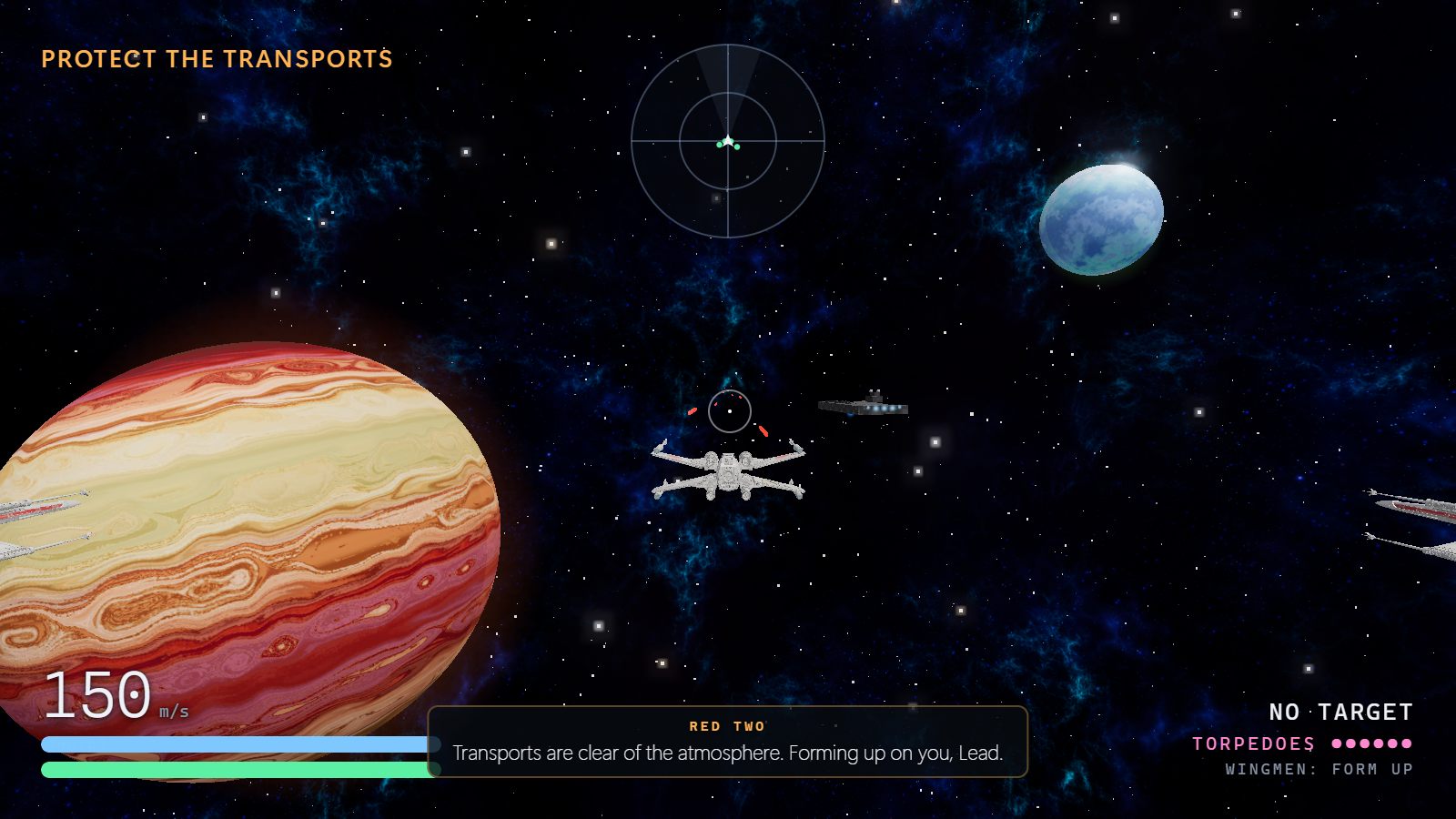 An X-wing in open space between a large banded orange gas giant on the left and a small blue-green moon on the right, a grey capital ship in the distance and two more X-wings at the screen edges. The HUD reads PROTECT THE TRANSPORTS and Red Two on the radio: Transports are clear of the atmosphere. Forming up on you, Lead