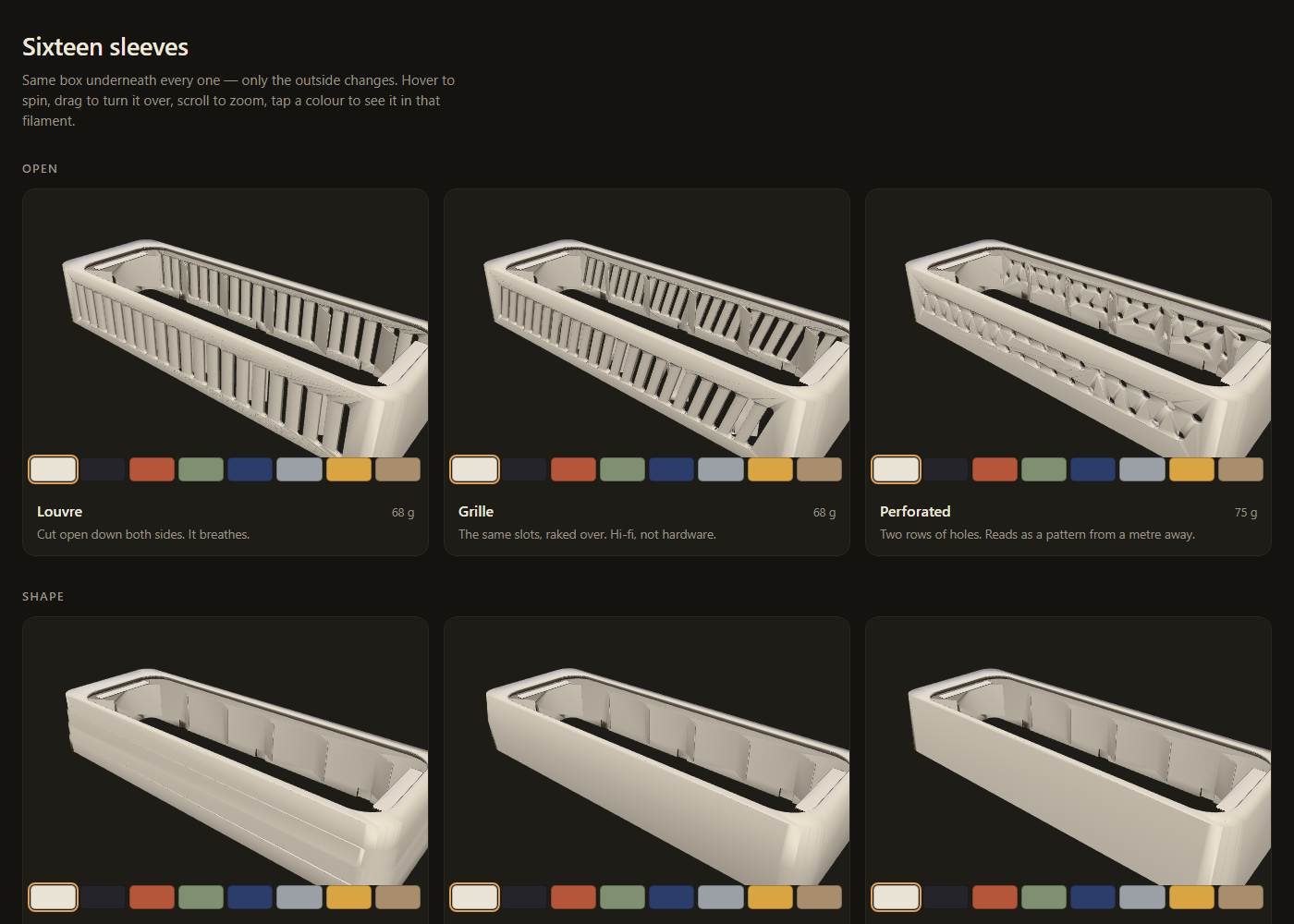 A dark gallery page titled Sixteen sleeves, showing 3D renders of three sleeve variants: Louvre, Grille and Perforated