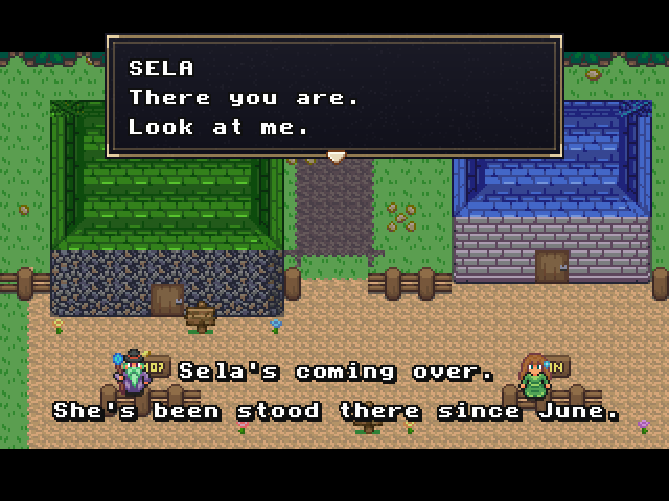 A pixel-art village scene at 320x240 with a dialog box at the top reading 'SELA — There you are. Look at me.' and a caption band at the bottom