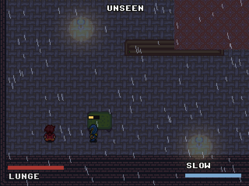 A rain-soaked pixel courtyard at night with two visible lamplight pools, a guard, the word UNSEEN at the top and LUNGE and SLOW meters at the bottom