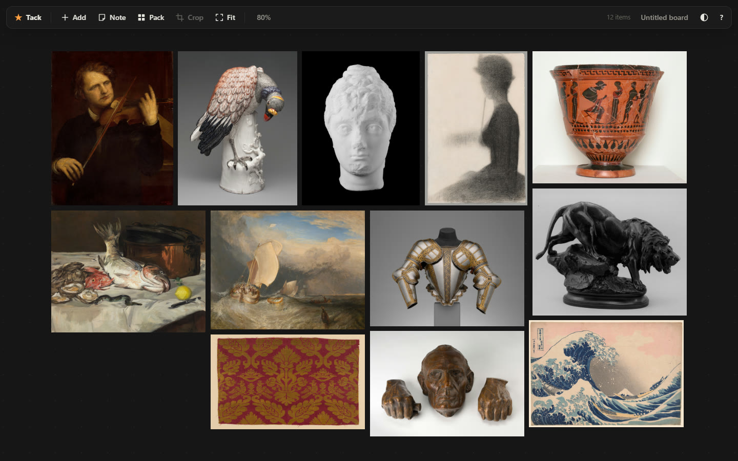 A dark canvas with a thin toolbar along the top reading Tack, Add, Note, Pack, Crop, Fit, 80%, 12 items, Untitled board. Below it twelve museum pictures packed edge to edge in three rows: a portrait of a violinist, a porcelain parrot, a white plaster head, a charcoal drawing of a seated woman, a black-figure Greek vase, a still life of fish and oysters, a stormy sea with a sailing boat, a suit of armour, a bronze lion, a red and gold damask, a bronze cast of a face and two hands, and Hokusai's Great Wave