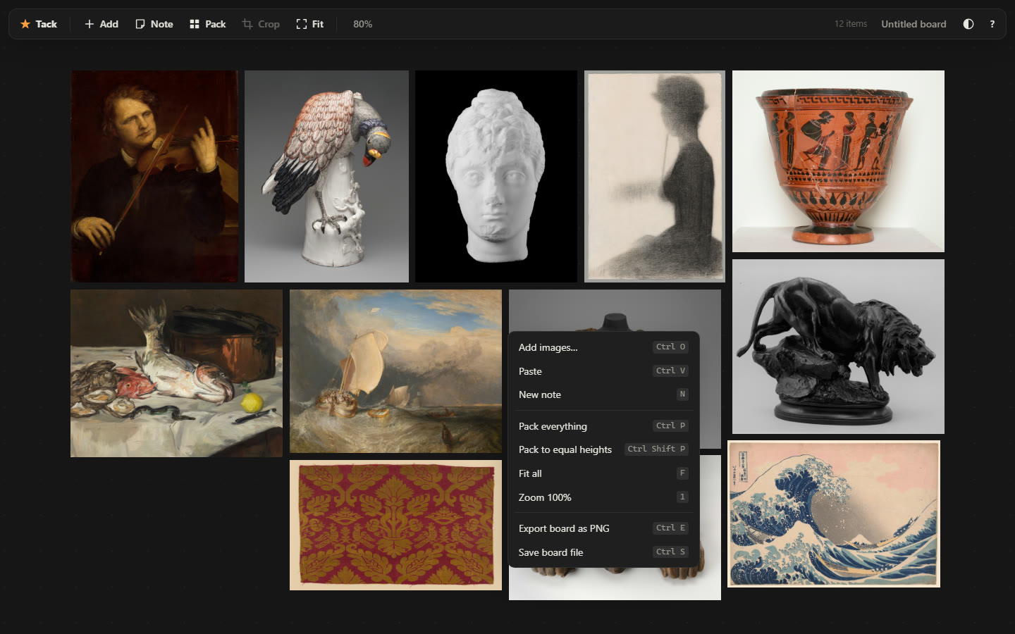 The same packed board of twelve pictures, with a dark context menu open over the armour. It lists Add images, Ctrl O; Paste, Ctrl V; New note, N; Pack everything, Ctrl P; Pack to equal heights, Ctrl Shift P; Fit all, F; Zoom 100%, 1; Export board as PNG, Ctrl E; Save board file, Ctrl S