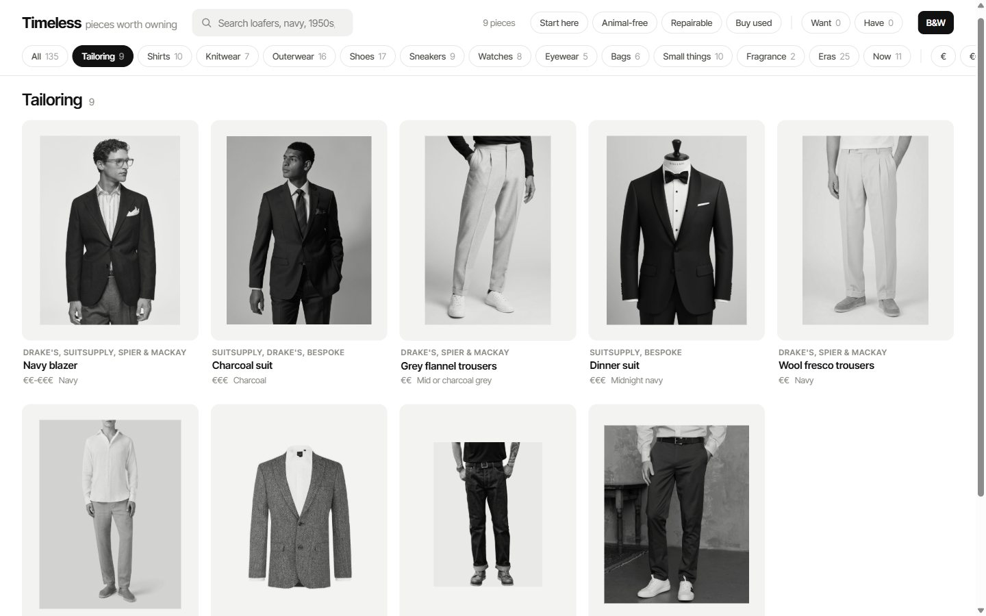 The Tailoring category in black and white, with the B and W button switched on. Navy blazer, charcoal suit, grey flannel trousers, dinner suit, wool fresco trousers, then linen trousers, a grey herringbone tweed jacket, dark denim and chinos. Without colour, the cut of each piece is what you look at