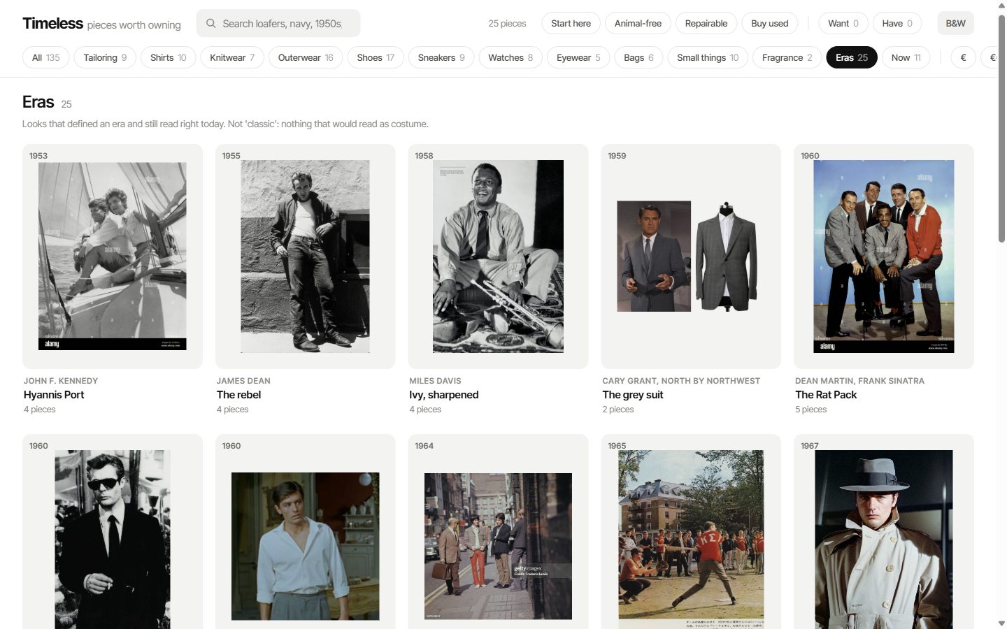 The Eras category, 25 looks in a grid, each with a year and an archive photo. 1953 Hyannis Port, John F. Kennedy on a sailing boat. 1955 The rebel, James Dean in jeans and a jacket. 1958 Ivy, sharpened, Miles Davis with his trumpet. 1959 The grey suit, Cary Grant in North by Northwest, next to the suit on a mannequin. 1960 The Rat Pack, Dean Martin, Frank Sinatra and friends in cardigans. Below: Mastroianni in sunglasses, Alain Delon in a white shirt, mods on a London street, a 1965 college campus, Delon in a trench coat and fedora