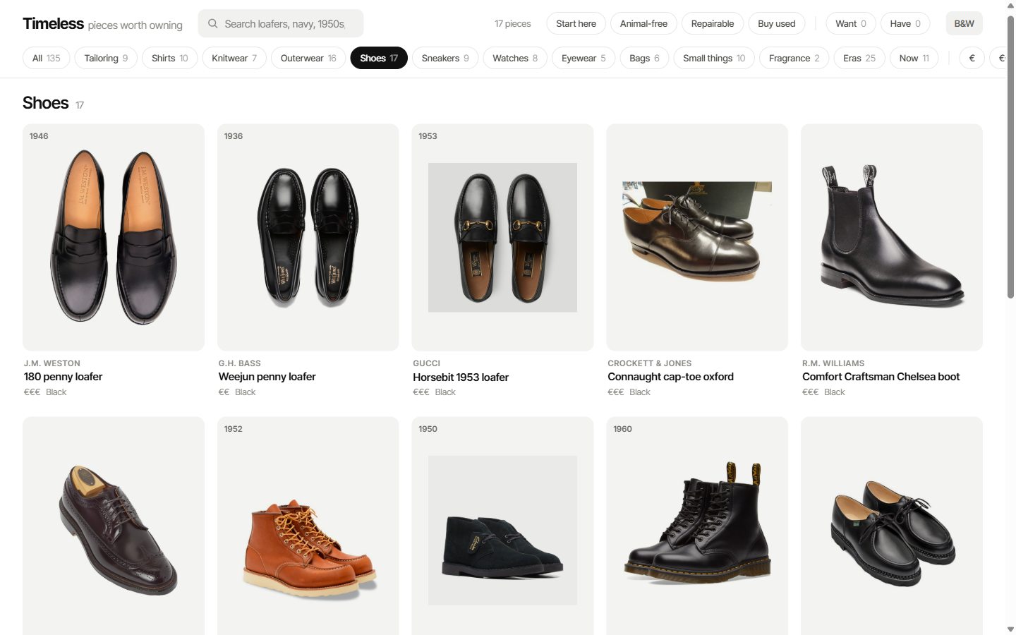 The catalogue filtered to Shoes, 17 pieces in a grid of grey tiles. J.M. Weston 180 penny loafer, 1946, €€€. G.H. Bass Weejun penny loafer, 1936, €€. Gucci Horsebit 1953 loafer. Crockett and Jones Connaught cap-toe oxford. R.M. Williams Comfort Craftsman Chelsea boot. Below them a cordovan longwing, a Red Wing moc-toe boot, a Clarks desert boot, Dr. Martens 1460 and a Paraboot Michael