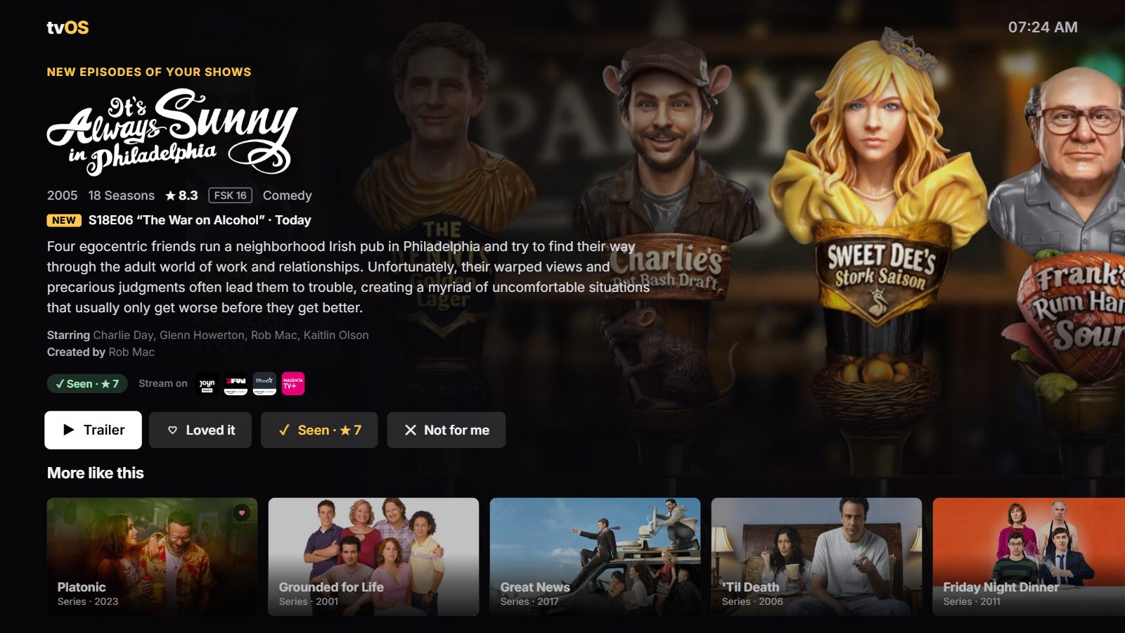 A detail screen for It's Always Sunny in Philadelphia over a backdrop of carved beer-tap figures of the cast: 2005, 18 Seasons, 8.3 stars, FSK 16, Comedy, a NEW badge for S18E06 The War on Alcohol today, a synopsis, the cast and creator, a Seen 7 stars tag, Stream on icons for Joyn, WOW, a third service and MagentaTV, and buttons for Trailer, Loved it, Seen 7 stars and Not for me. Below, a More like this row with Platonic, Grounded for Life, Great News, 'Til Death and Friday Night Dinner
