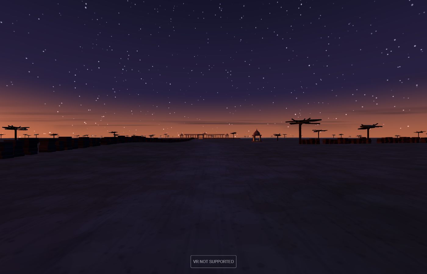 A dark plain at dusk under a deep blue sky full of stars fading to orange at the horizon, with low silhouetted walls, flat-topped thorn trees, and far away a small lit pavilion and a line of lamps marking something at ground level
