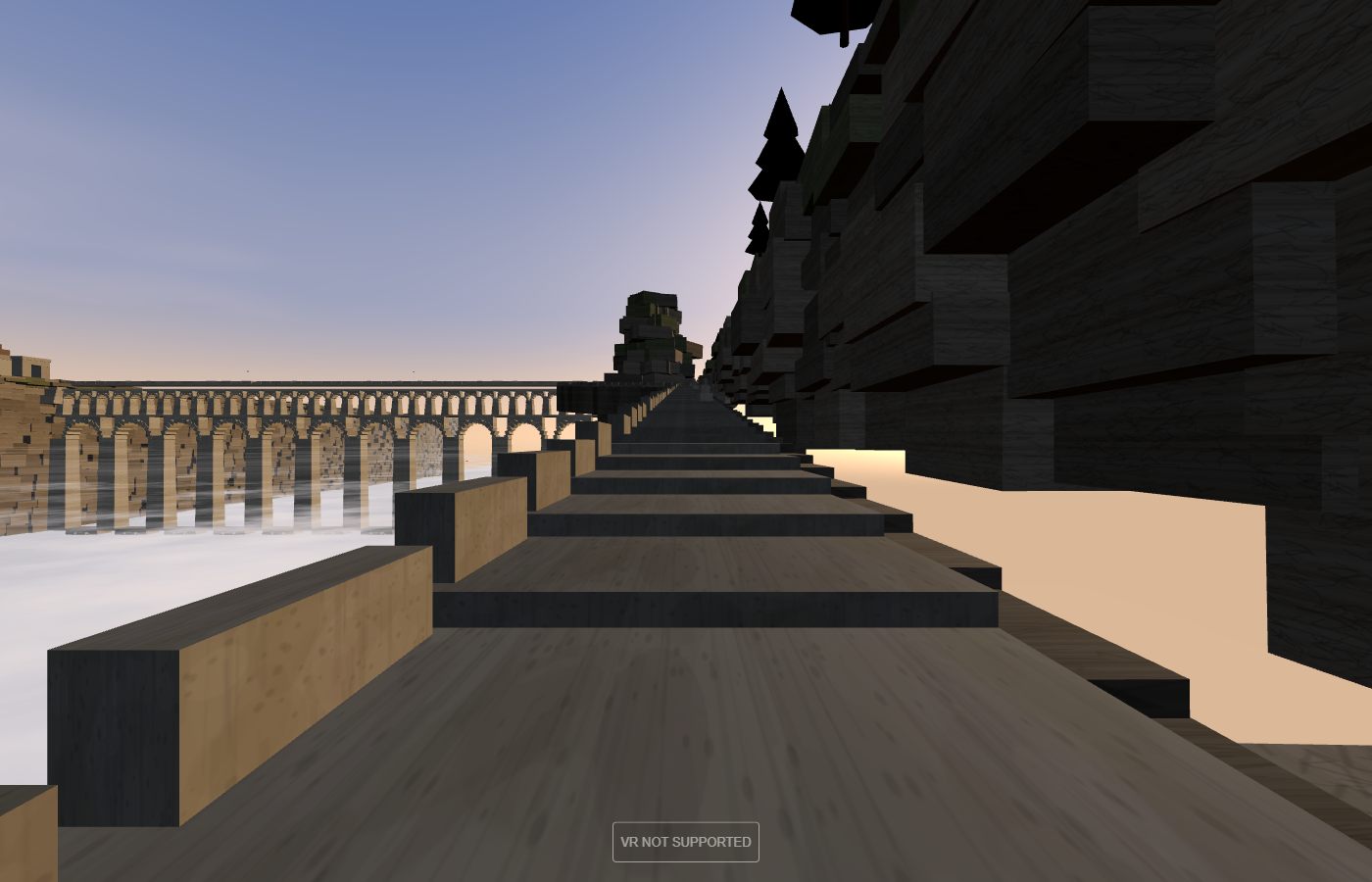 A timber walkway with low stone walls running along a cliff face at dawn, stepping down toward a long multi-arched stone aqueduct that crosses a gorge filled with white cloud, pine trees clinging to the rock on the right, pale blue and pink sky above