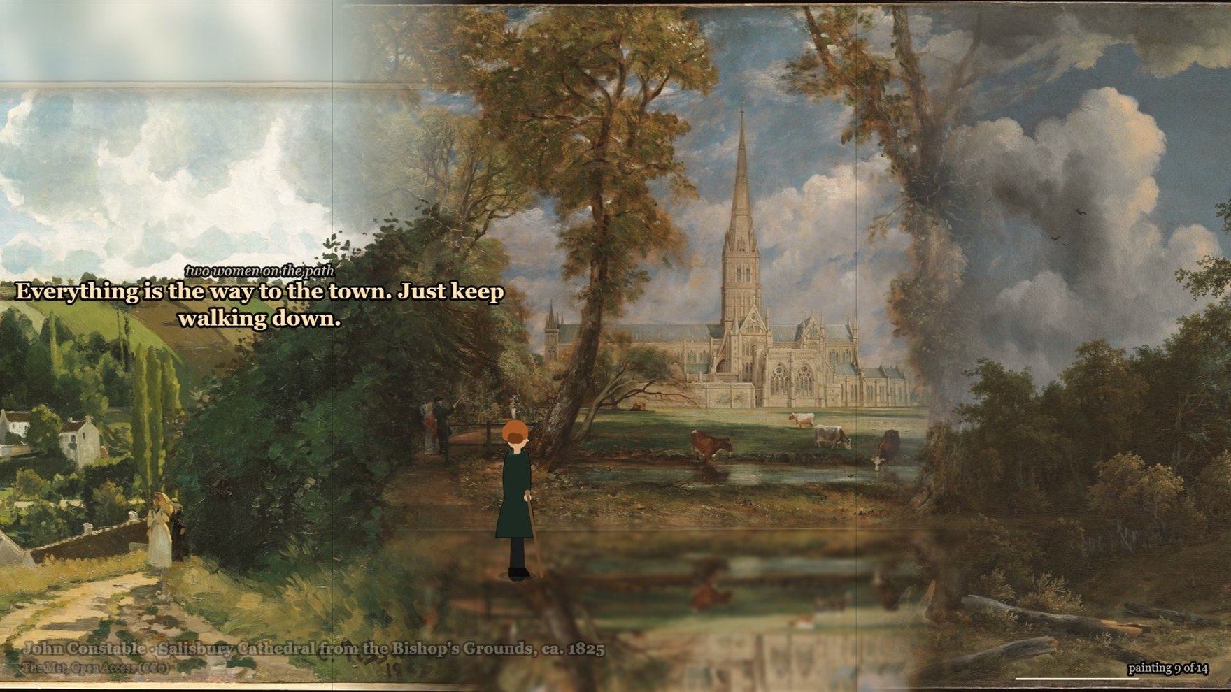 Constable's Salisbury Cathedral from the Bishop's Grounds. The Wanderer stands on the near path, large in the foreground. A speech line labelled 'two women on the path' reads: Everything is the way to the town. Just keep walking down.
