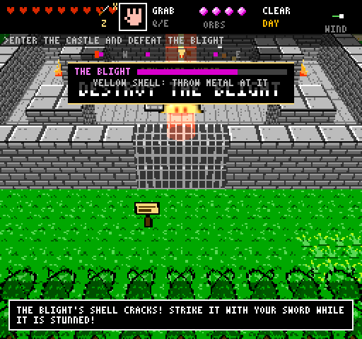 A stone castle courtyard in 8-bit blocks with a boss bar reading THE BLIGHT and YELLOW SHELL: THROW METAL AT IT, a glowing stunned creature behind a portcullis, eight hearts and four filled orbs in the HUD, and a message: THE BLIGHT'S SHELL CRACKS! STRIKE IT WITH YOUR SWORD WHILE IT IS STUNNED