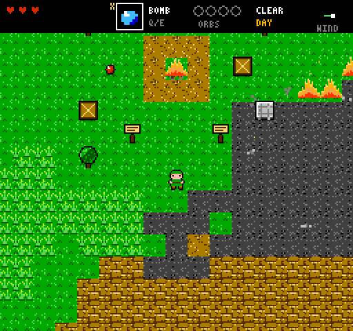 A top-down 8-bit screen: a small green-capped hero on a grass field with signposts and wooden crates, a campfire on a patch of dirt, and orange flames spreading along the edge of a grey rock slope toward the top right. The HUD shows three hearts, a bomb item, four empty orb slots, CLEAR, DAY and a wind indicator