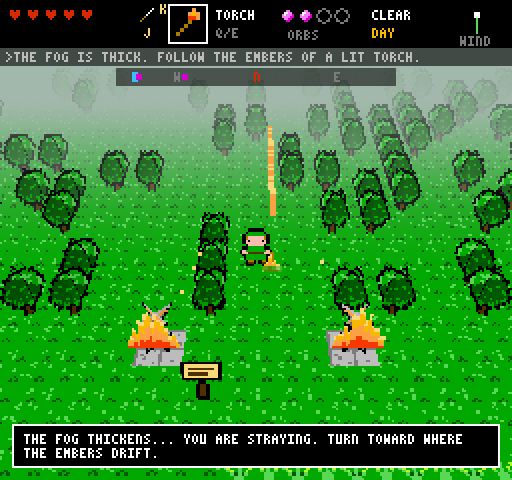 A hero holding a torch in a foggy forest of blocky trees, two lit braziers behind him, a thin line of orange embers rising ahead, and two messages: THE FOG IS THICK. FOLLOW THE EMBERS OF A LIT TORCH, and THE FOG THICKENS... YOU ARE STRAYING. TURN TOWARD WHERE THE EMBERS DRIFT