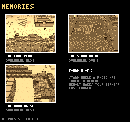 A black menu titled MEMORIES with three sepia photographs of blocky 8-bit landscapes labelled THE LONE PEAK somewhere west, THE STORM BRIDGE somewhere south and THE BURNING SANDS somewhere west, and the text FOUND 0 OF 3 — stand where a photo was taken to remember