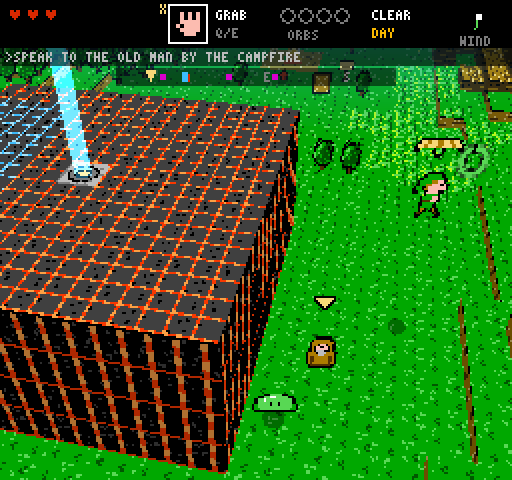 The same 8-bit world rendered as 3D blocks from a tilted camera: a tall dark tower with a glowing orange grid pattern and a blue light beam on its top, a green-capped hero gliding under a yellow paraglider over the grass beside it, a slime and a treasure chest below