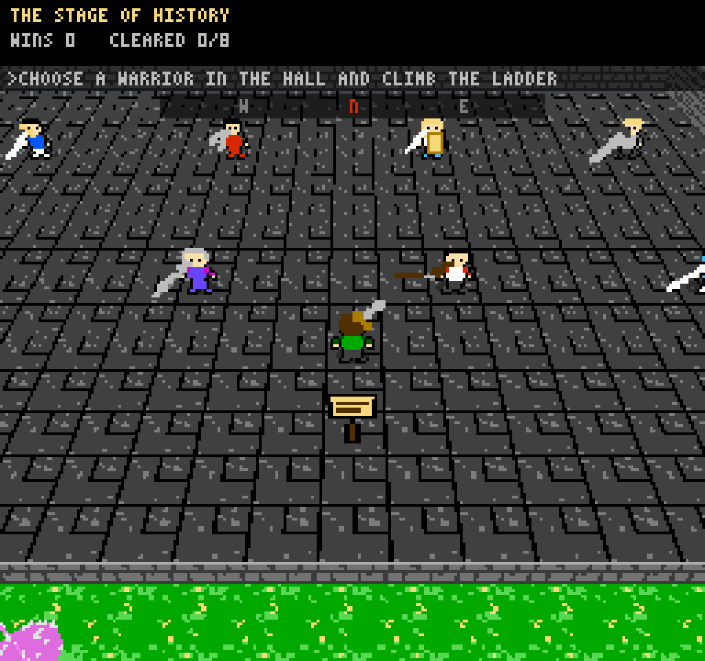 A dark stone hall from above, with seven small 8-bit fighters standing around holding swords, a staff and a shield, the green-shirted player in the middle beside a signpost. The HUD reads THE STAGE OF HISTORY, wins 0, cleared 0 of 8, and the objective: choose a warrior in the hall and climb the ladder