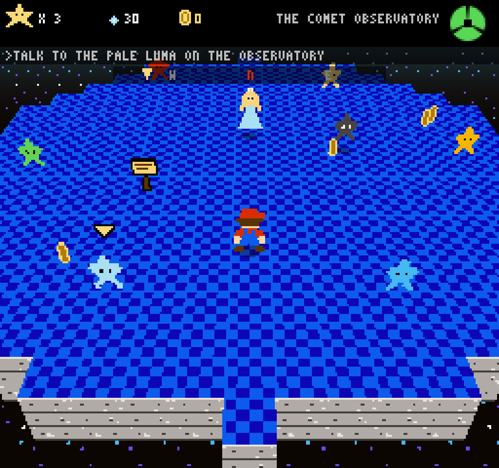 An 8-bit plumber in a red cap on a blue checkered floor floating in starry space, with a princess in a pale blue dress, star-shaped creatures in green, yellow, blue and black, coins and a signpost around him. The HUD shows 3 stars, 30 star bits, 0 coins and THE COMET OBSERVATORY, and the objective: talk to the pale Luma on the observatory
