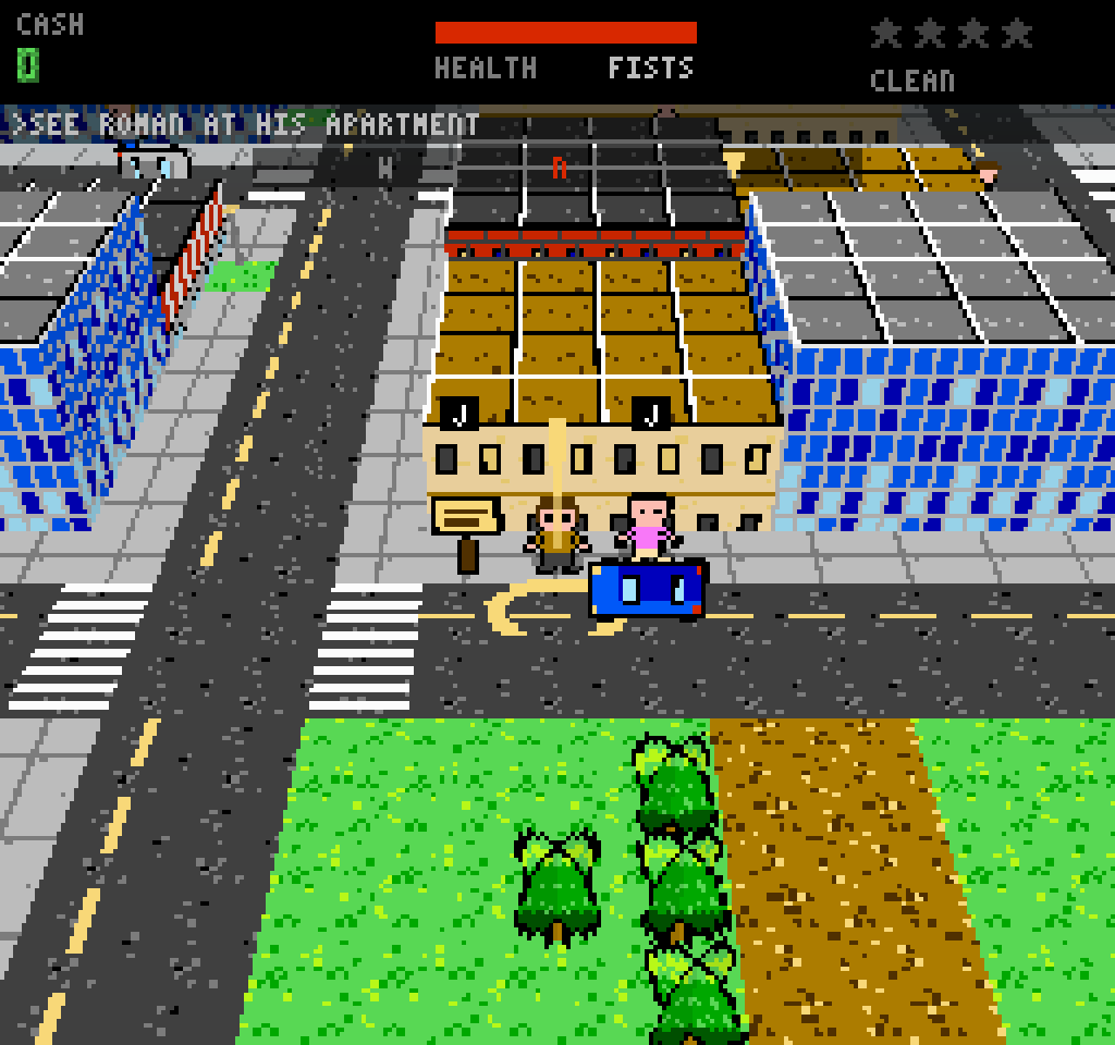 A top-down 8-bit city block: a brown apartment building between blue glass towers, a man in a brown jacket and a woman in pink on the pavement beside a blue car, a road with a zebra crossing, trees and a dirt path below. The HUD shows cash 0, a health bar, fists, four empty wanted stars and CLEAN, and the objective: see Roman at his apartment