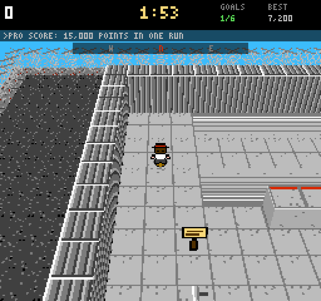 An 8-bit skater in a red cap on a grey concrete floor next to a tall ramp wall, a signpost nearby, the HUD showing a timer of 1:53, goals 1 of 6, best 7,200 and the objective pro score: 15,000 points in one run