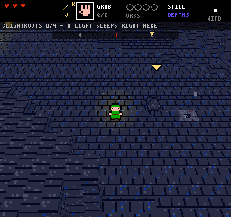 A dark blue 8-bit cavern of stone tiles lit only in a small pool around the green-capped hero, with a faint boulder nearby, a status reading STILL and DEPTHS, and the objective: lightroots 0 of 4, a light sleeps right here